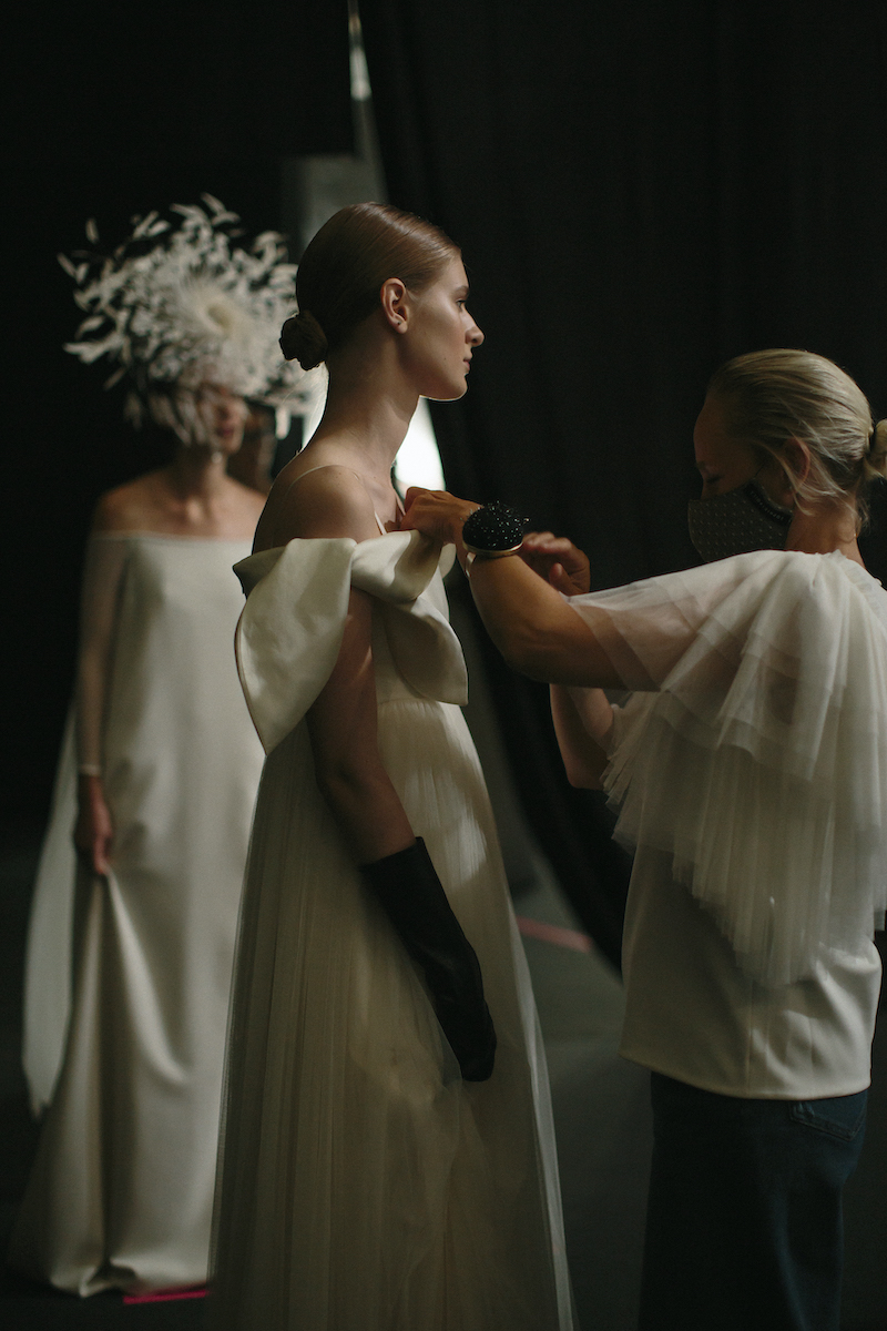 A Sophie et Voilà bridal model preparing for the catwalk at Valmont Barcelona Bridal Fashion Week A Sophie et Voilà bridal model preparing for the catwalk at Valmont Barcelona Bridal Fashion Week