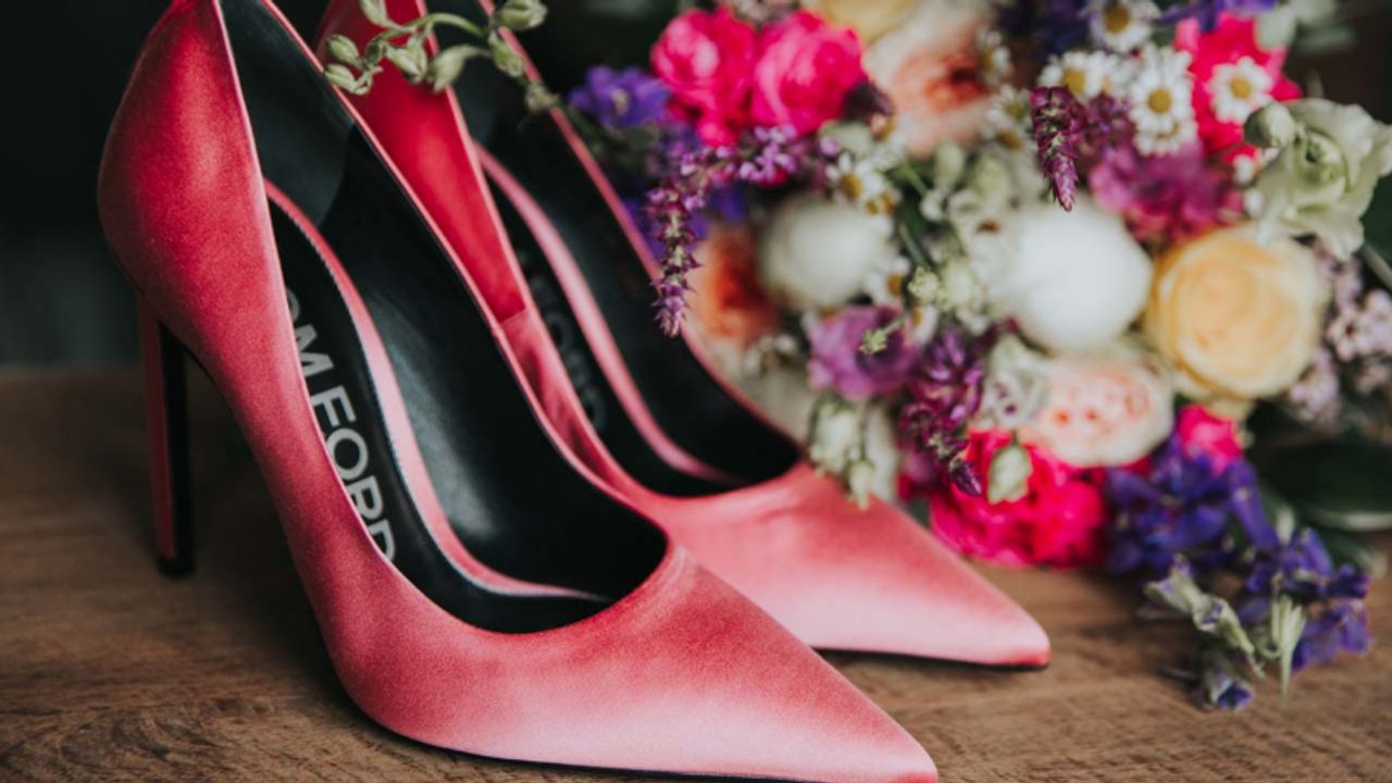 Cherry velvet bridal shoes
